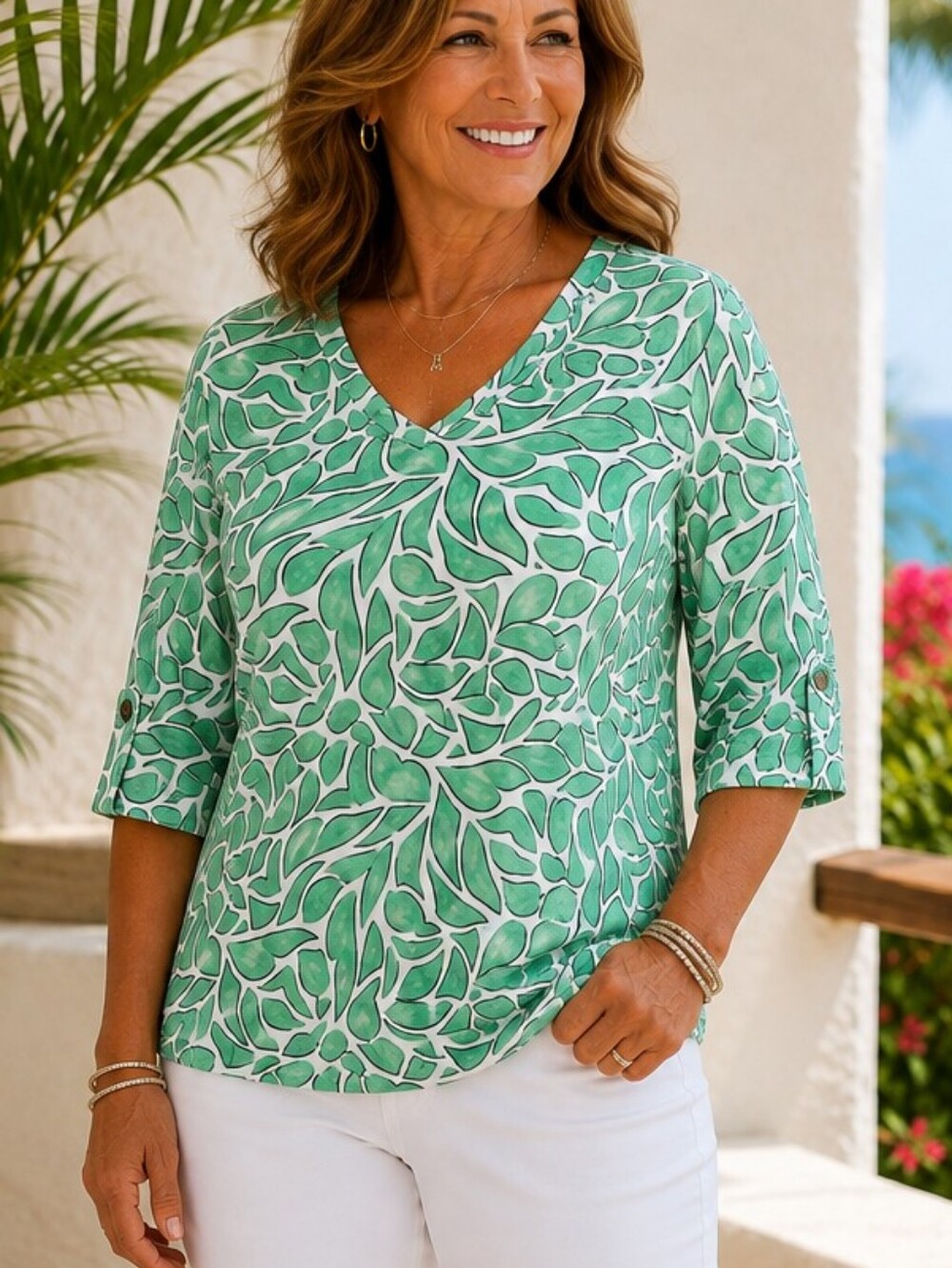 CHICO'S Green White Leaf Print Pima Cotton Botanical V-Neck Top Size 2 Large